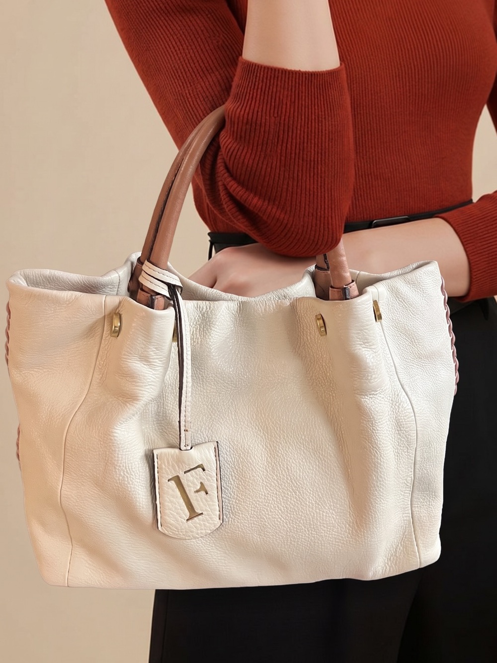 Furla Ivory Whipstitch Leather Tote with Tan Handles